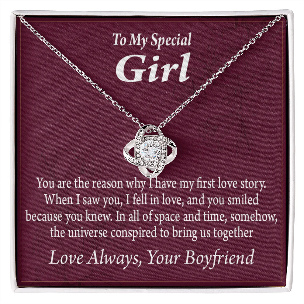 Girlfriend Our First Love Infinity Knot CZ Necklace Silver Tone Standard Box